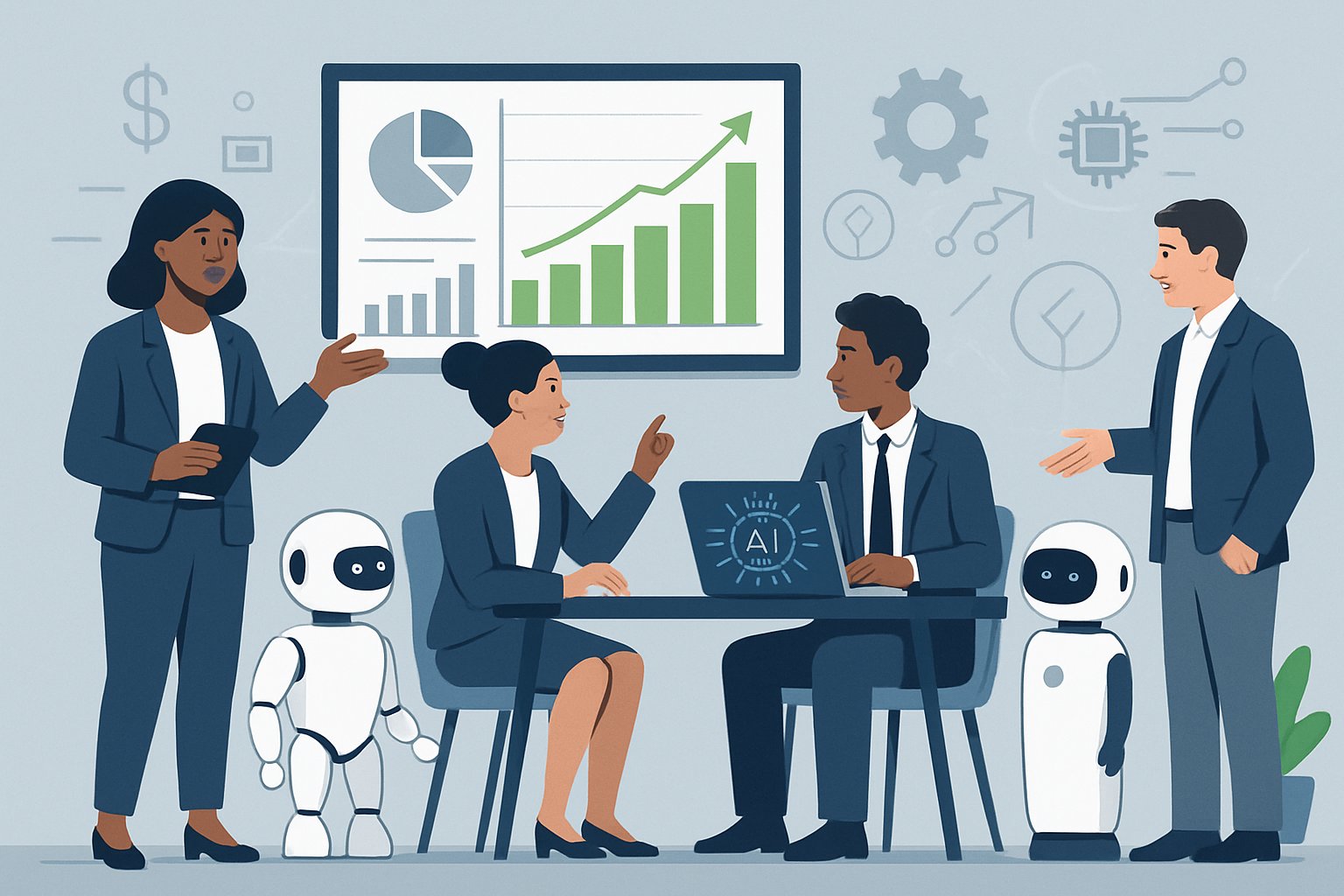 Small business professionals working with AI technology in a modern office, showing digital graphs and AI devices around them.